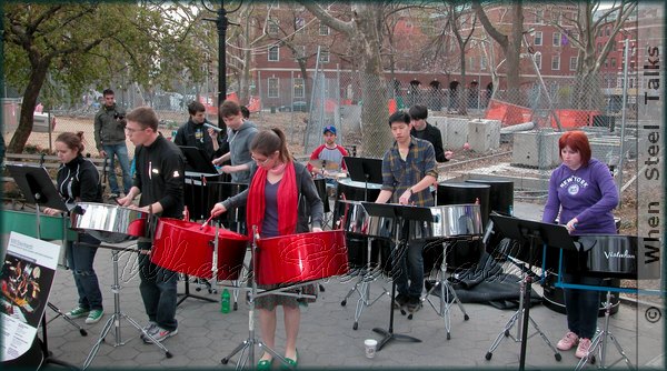 The NYU Steel Drum Ensemble known as "NYU Steel" performing at Washington Square Park