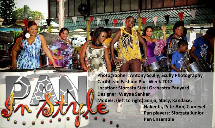 Models in run-up photo shoot for Caribbean Fashion Plus Week at Sforzata Steel Orchestra's pan yard