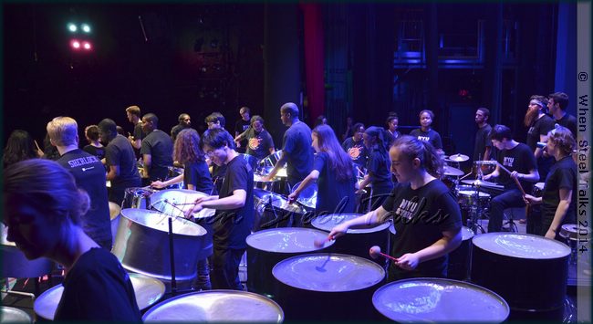 NYU Steel on stage with CrossFire Steel Orchestra at the Spring 2014 concert