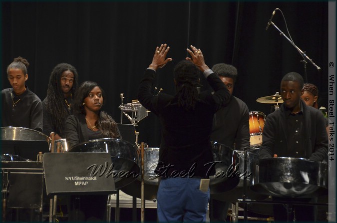 Kendall Williams conducts CrossFire Steel Orchestra at the Composers OutFront! concert at NYU's Frederick Loewe Theatre