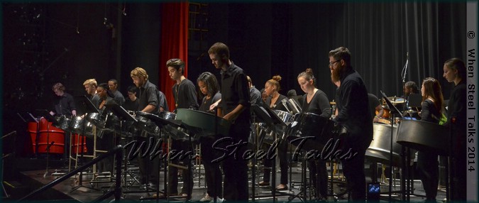 NYU Steel on stage with CrossFire Steel Orchestra at ACO’s Composers OutFront! concert showcasing the works of ACO Van Lier Emerging Composer Fellow for 2013-2014 Kendall Williams