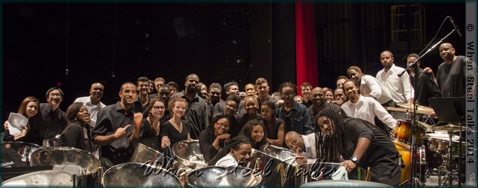 Members of NYU Steel, CrossFire & BSO Steel Orchestras after the Composers OutFront! concert at NYU's Frederick Loewe Theatre