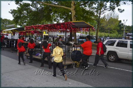 Sonatas Steel Orchestra rolling racks of pan into the museum for the 2014 New York Panorama