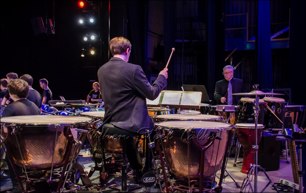 Dr. Jonathan Haas, right and Jeff Kautz, center - featured on timpani for NYU Steel's 2019 Spring Concert