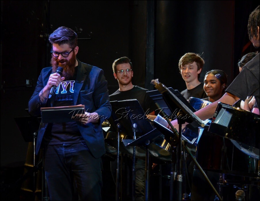 Josh Quillen addresses the audience at NYU Steel's 2019 Spring Concert at the Frederick Loewe Theatre
