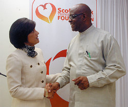 Gisele del V Marfleet, chair of the Scotia Foundation and Vernon Morancie, chairman, Eastern Region, Pan Trinbago, at the Foundation’s presentation of grants to unsponsored steelbands