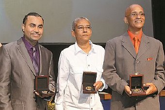 Recipients of the 2014 Anthony N Sabga Caribbean Awards For Excellence, from left, Professor Liam Teague, Karen de Souza and Dr Richard Robertson, at the awards ceremony at the National Academy for The Performing Arts (NAPA), Port-of- Spain, on Saturday evening.