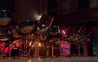 Steelpan instruments set up for Oberlin Steel Orchestra