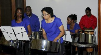 A section of the UWI Panoridim Steel Orchestra in action