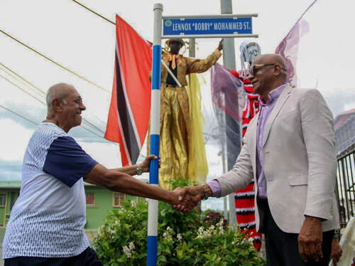 A major street in San Fernando has been named after veteran pan arranger and bass pan player, Lennox Bobby Mohammed, 76. Harris Promenade East was renamed after Mohammed by Mayor Junia Regrello.