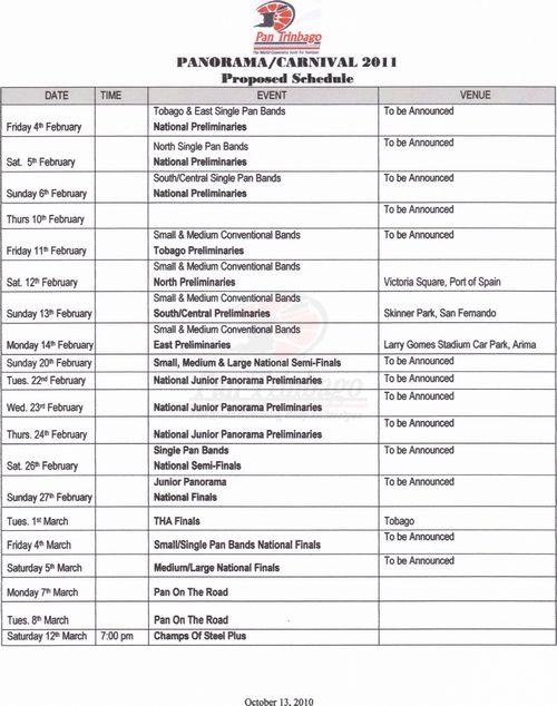 Steelband Panorama Schedule 2011 - Trinidad and Tobago