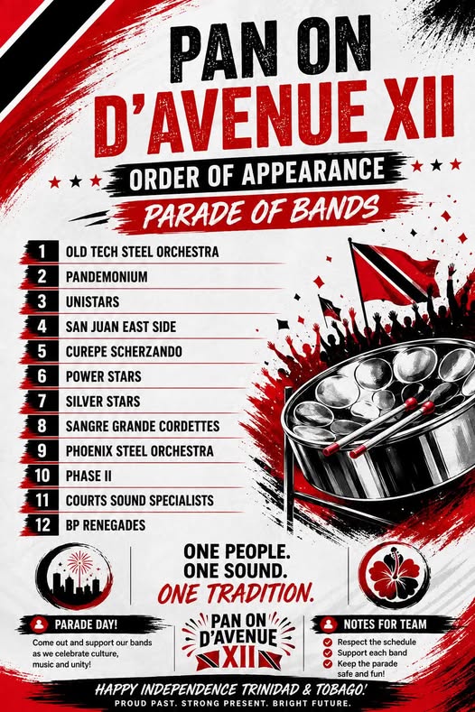 Order of Appearance of steel orchestras for Pan On D Avenue XII on Sunday August 30 - Radicle Tube Live Stream