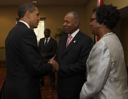 President Barack Obama meets Prime Minister Patrick Manning and wife Hazel Manning