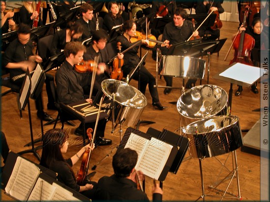 Steelpan instruments and sticks at the ready for steelpanist and composer Andy Akiho