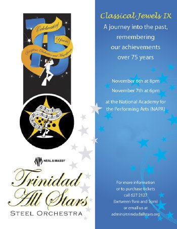 Concert flyer for Trinidad All Stars Steel Orchestra 75th Anniversary Concert