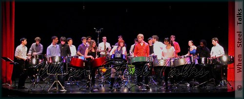 The NYU Steel Drum Ensemble known as "NYU Steel" performing at the Frederick Loewe Theatre