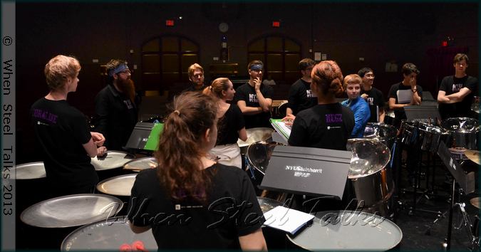 Director Josh Quillen (second from left, in bandana) - informs students they will be playing by rote for the May 2014 NYU Steel concert