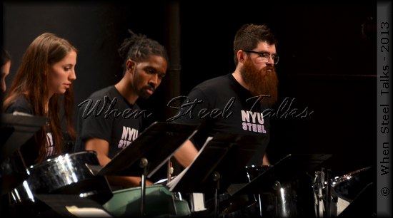 Director Josh Quillen (at right) performs with NYU Steel; Kendall Williams is next to Josh