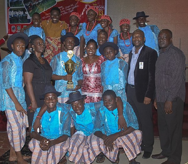 Winning band Bayelsa Junior Steelpan Orchestra poses happily; Nigeria 2013 National Junior Panorama organizer Chief Bowie S. Bowei is in black jacket - standing third from right 