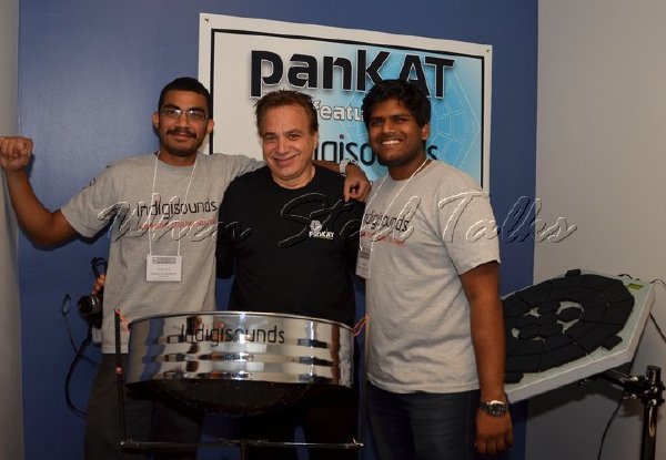 Pictured left to right - David A. Chow, Mario J. DeCiutiis - president of Alternate Mode Inc. (manufacturer of the PanKAT), and Johann Chuckaree. The PanKAT (at right in image) is the controller with a tenor-pan layout in fifths. DeCiutiis' company manufactures the 'PanKAT.'