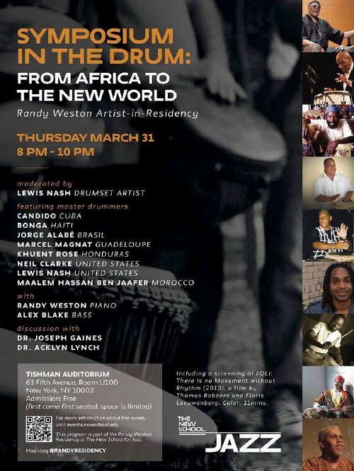 Flyer for the 'Symposium in the Drum - From Africa to the New World' with Randy Weston at the New School, New York