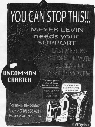 Meyer Levin Junior High School's flyer rallying support in their protest of 'Uncommon Charter' school in their location