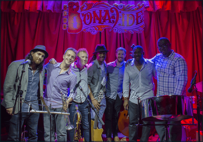 After their set at Club Bonafide. Left to right:  Tal Cohen, Benny Bennack, III, Adam Larson, Marvin Dolly, bassist Josh Allen, Leon “Foster” Thomas and Michael Piolet