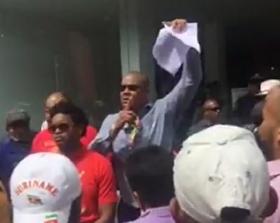 Protesting pan players outside Pan Trinbago headquarters