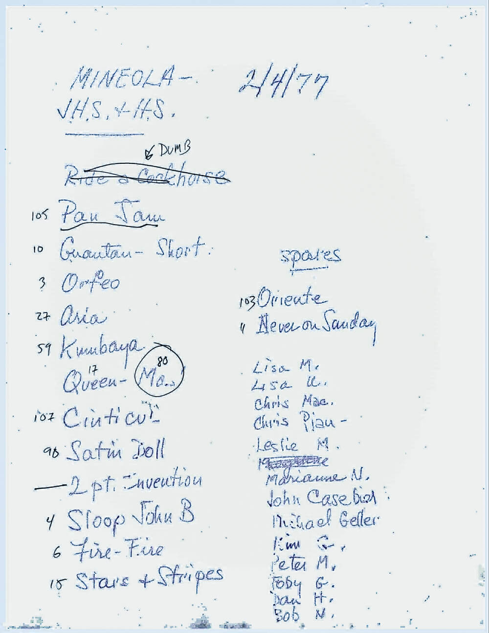 MEMORIES:   Set list and band roster for the last gig Daniel Harrison played with Calliope′s Children Steel Orchestra.