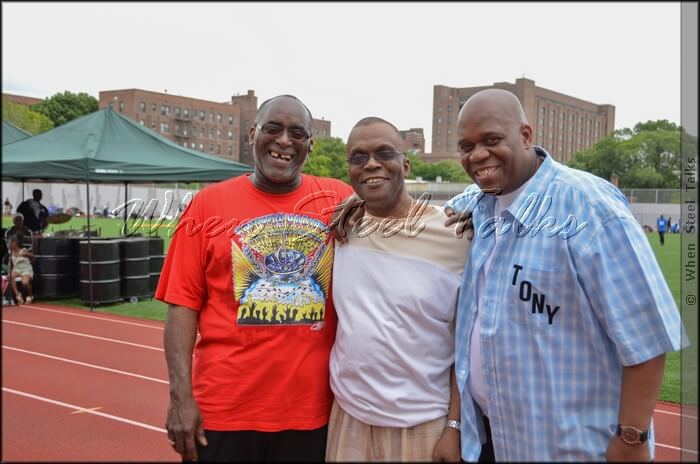 (L-R) Marsicans Steel Orchestra co-founders Joey Horsford and Albert “Bing” Reid, with Anthony “Big Tony” Joseph of Metro Steel Orchestra