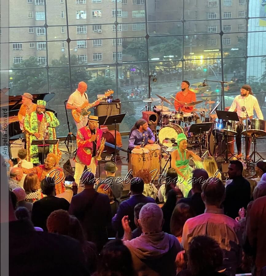 (l-r) Alex Wintz on guitar, Godwin Lewis on sax, Matt Brewer on bass, Etienne Charles, Kareem Thompson on congas (purple), drummer [name n/a], André White on double second pan (right)    image: A. Howard