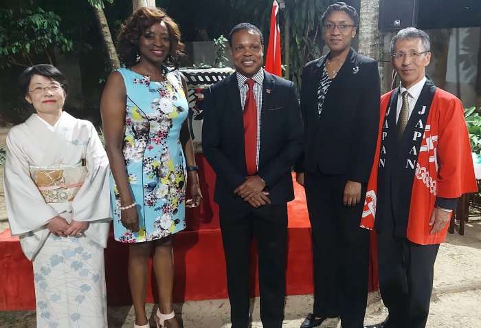 Left to right: Mrs. Matsubara, Senator the Honourable Donna Cox, Minister of Social Development and Family Services, Senator the Honourable Dr. Amery Browne, Minister of Foreign & CARICOM Affairs, Ms. Reita Toussaint, Permanent Secretary Ministry of Foreign and CARICOM Affairs and Ambassador Matsubara