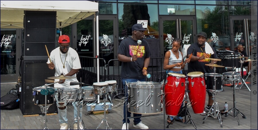 The Vybez Entertainment ‘riddim section’ performs at Counterpoint: Brooklyn Steel Pan Fête on Juy 27, 2025