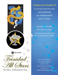 Concert flyer for Trinidad All Stars Steel Orchestra 75th Anniversary Concert