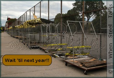 Sonatas steelband racks/stands lined up along Sterling Place, Brooklyn, awaiting Winter storage
