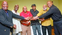 ENI Entertainment launched the Four Pillars of Steel at The Normandie, St Anns, on Wednesday. The event will feature four veteran steelbands in one concert on July 2. At the launch was promoter Junior Hutson, left, David Davis from Witco Desperadoes; Trevor Cooper from CAL Invaders; Oswald Goddard from Tokyo; Mark Superville from Neal & Massy Trinidad All Stars; and, Kenny Phillips from WACK FM Radio.