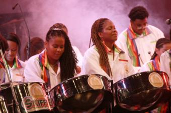 Members of the Junior Sammy Group Skiffle playing Black Stalins classic We Could Make It If We Try at Skiffles recent Independence concert at Naparima Bowl
