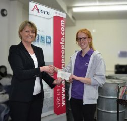Debbie Cole Manager of Acorn's Thornbury Branch presenting cheque to Natalie Smith from Panache
