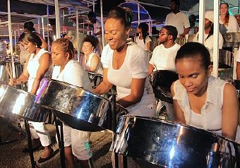 Members of Skiffle playing Ray Holman's The Wedding on Wednesday night during South/ Central Region National Large Conventional Preliminaries judging rounds at their panyard on Coffee Street, San Fernando.