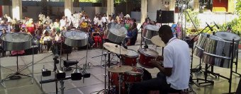Setting up for one of six Cubadisco 2014 performances by The Codrington Pan Family