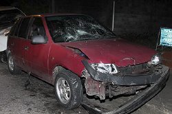 The car which crashed into the Witco Desperadoes band outside Smokey and Buntys Bar, Western Main Road, St James, on Saturday night.