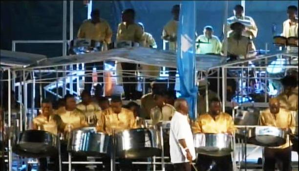 Grenada Angel Harps Steel Orchestra on stage during the 2015 National Steelband Panorama competition