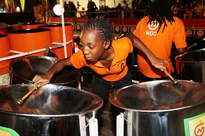 The cello pan player NGC Couva Joylanders ramajays duringPan on DAvenue along Ariapita Avenue over the weekend.