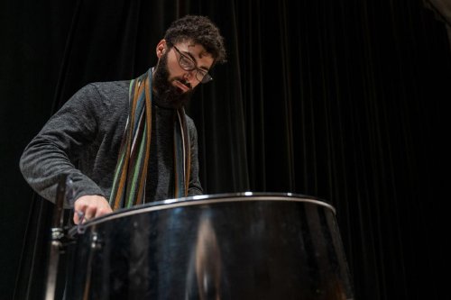 Jonah Payne, a junior percussion performance major, plays the steel pan inside of the Westbrook Music Building on Thursday, Nov. 21, 2019, in Lincoln, Nebraska  -  Photo by Jordan Opp