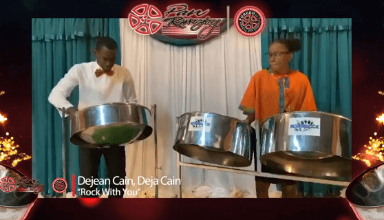 Duet of panists Dejean Cain and Deja Cain of Trinidad & Tobago during their Semi-final performance, which put them into the finals of the category in the 2020 International Pan Ramajay competition