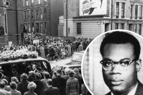 More than 1,000 people lined Ladbroke Grove for the funeral of Kelso Cochrane (picture inset) in 1959