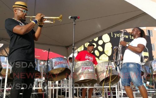 Trumpeter Etienne Charles, left, Len “Boogsie” Sharpe, and Barbadian saxophonist Romaro Greaves will perform in Another Phase virtual concert being staged by HADCO Phase II Pan Groove on Sunday