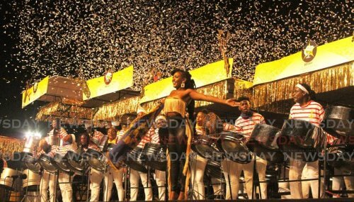 Nailah Blackman is all smiles after waving a flag for Massy All Stars which played her song More Sokah for the Panorama 2019 finals at the Queen's Park Savannah
