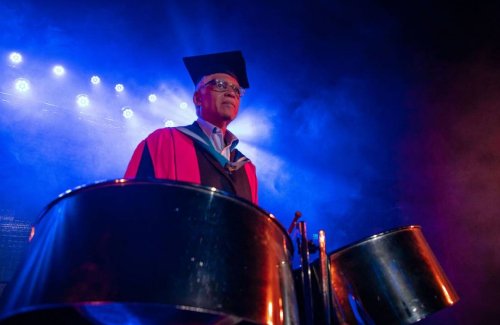 Steelpan arranger and music educator Ray Holman performs at The University of the West Indies, St Augustine campus' graduation ceremony for the Faculty of Humanities and Education where he received an honorary doctorate on Saturday.