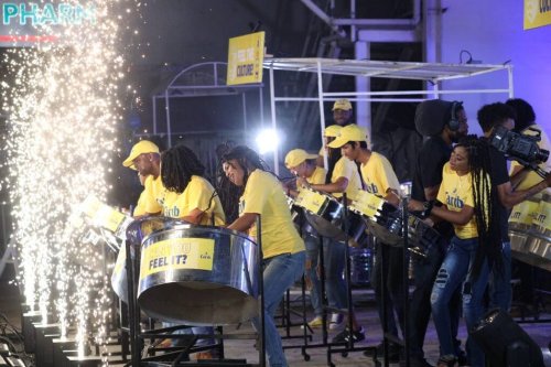 Skiffle Steel Orchestra plays at the filming of its Panorama video for Carib Brewery Ltd at the band's panyard on Coffee Street, San Fernando